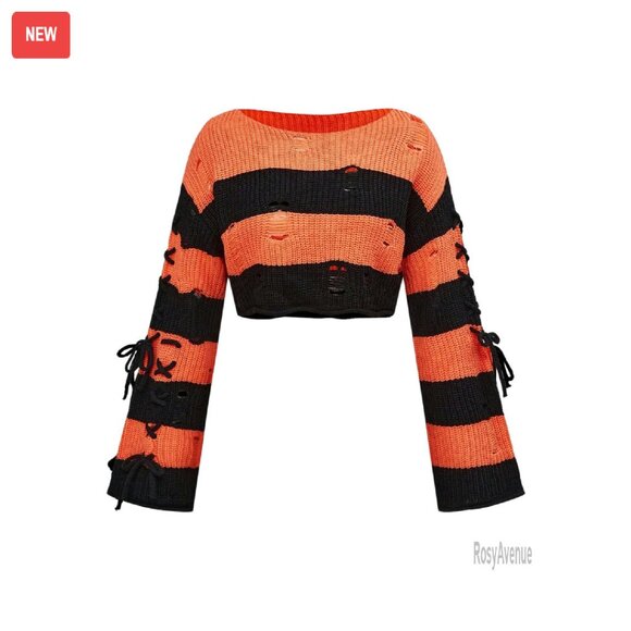 Ripped Lace-Up Cropped Sweater Lightweight Pullover Knit Top